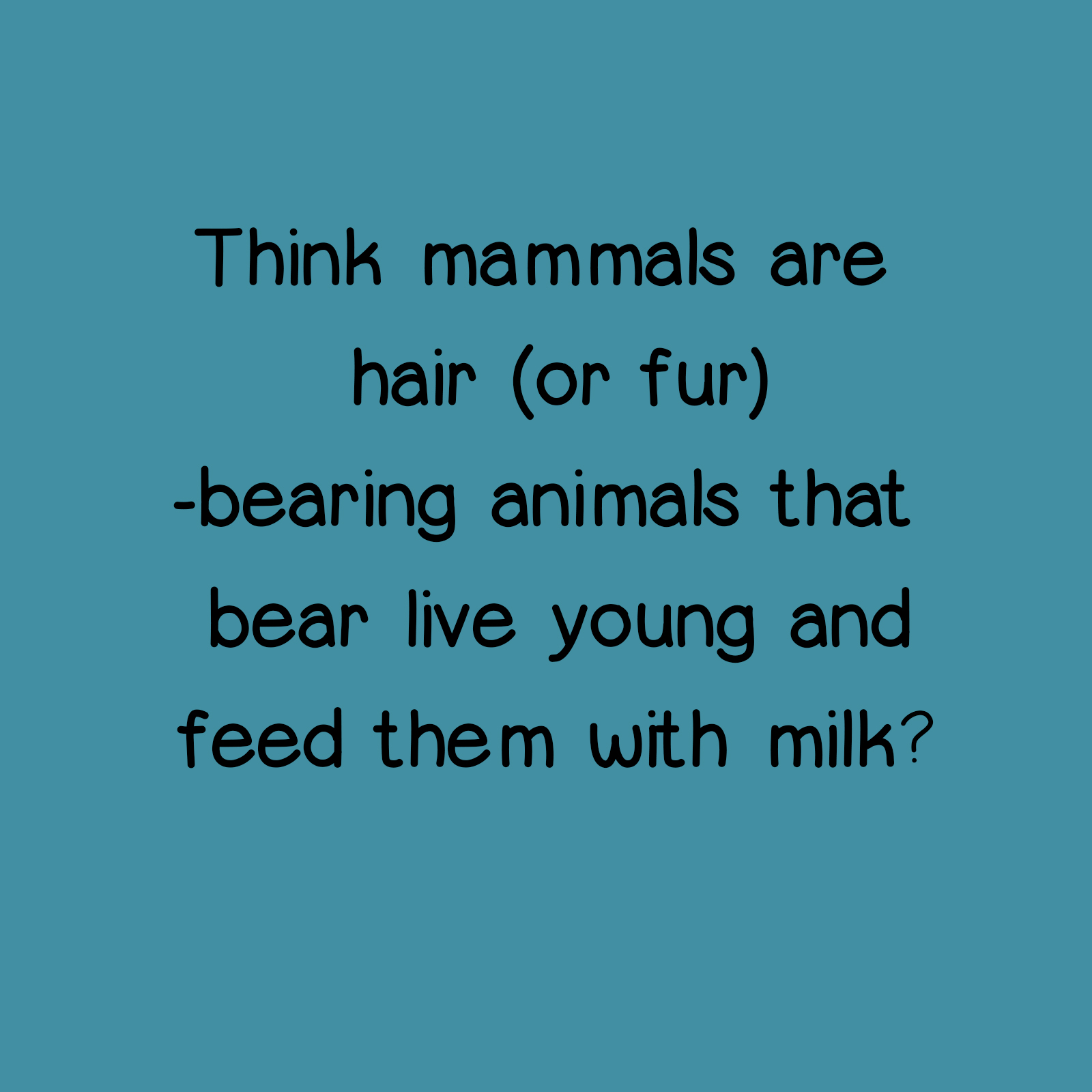 Think mammals are hair (of fur) -bearing animals that bare live young and feed them with milk?